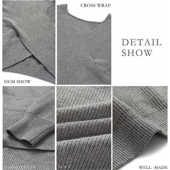 Women Casual V Neck Long Sleeve Sweaters Solid Wine Red - Picture 6 of 6